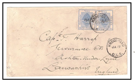 ORANGE FREE STATE - 1895 2 1/2d on 3d (x2) surcharged cover to UK used at KROONSTAD.