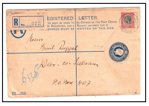 TANGANYIKA - 1926 30c blue RPSE (size H) uprated locally and used at SHINYANGA.  