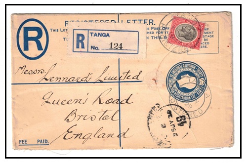 TANGANYIKA - 1926 30c blue RPSE (size G) uprated to UK used at TANGA.