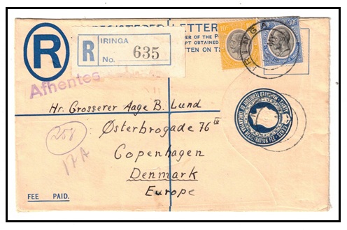 TANGANYIKA - 1926 30c blue RPSE (size G) uprated to Denmark used at IRINGA.