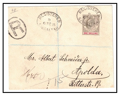 GIBRALTAR - 1905 1/- rated registered cover to Germany.