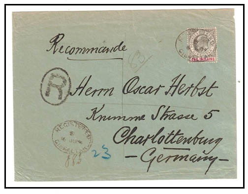 GIBRALTAR - 1904 1/- rated registered cover to Germany.
