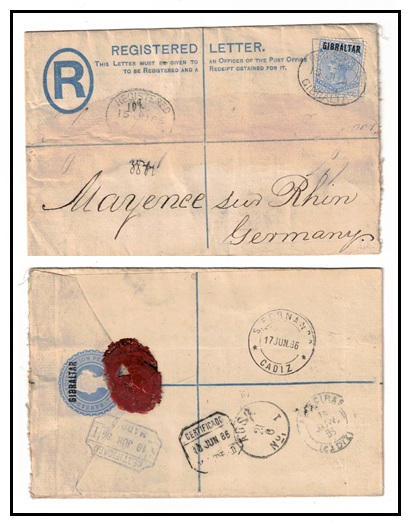 GIBRALTAR - 1886 2d ultramarine RPSE uprated to Germany.  H&G 1a.