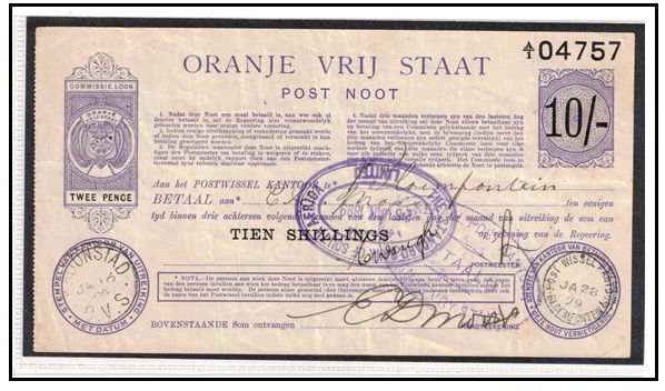 ORANGE FREE STATE - 1898 10/- violet POSTAL ORDER cashed at POST WISSELKANIDOR.  H&G 6.