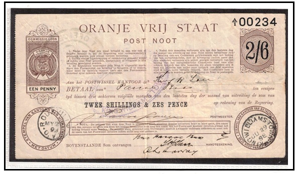 ORANGE FREE STATE - 1898 2/6d brown POSTAL ORDER issued at ROUXVILLE. H&G 3.