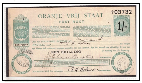 ORANGE FREE STATE - 1898 1/- green POSTAL ORDER issued at BETHLEM.  H&G 1.