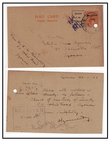 SINGAPORE - 1942 2c orange PSC of Perak overprinted for use by Japanese cancelled SYONON.  H&G 9.