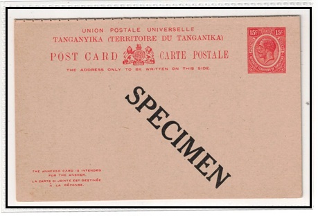 TANGANYIKA - 1927 15c + 15c red PSRC unused struck SPECIMEN diagonally in black.  H&G 4.