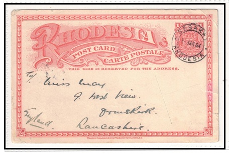 RHODESIA - 1899 1d brick red PSC to UK used at SEBAKWE.  H&G 11.