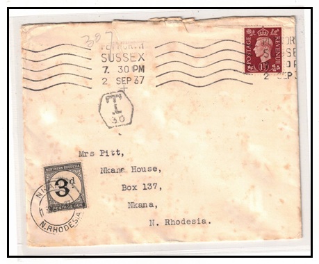 NORTHERN RHODESIA - 1937 inward underpaid cover from UK with 3d 