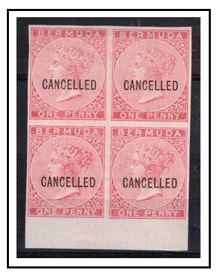 BERMUDA - 1865 1d rose-red IMPERFORATE PLATE PROOF block of 4 overprinted CANCELLED.