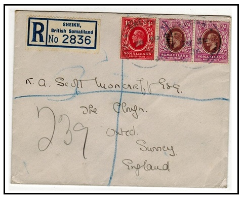 SOMALILAND - 1936 5a rate registered cover to UK used at 