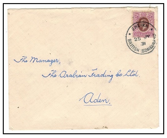 SOMALILAND - 1931 2a rate cover to Aden used at 