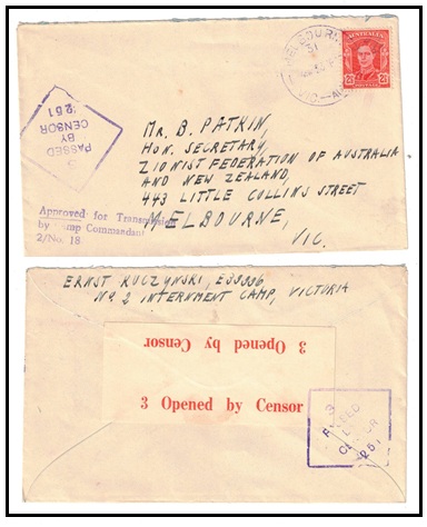 AUSTRALIA - 1942 2 1/2d rate Jewish internee censored camp mail cover to Melbourne.