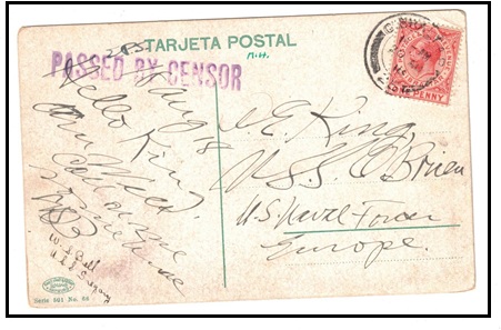 GIBRALTAR - 1918 1d rate postcard use to US fleet struck PASSED BY CENSOR.
