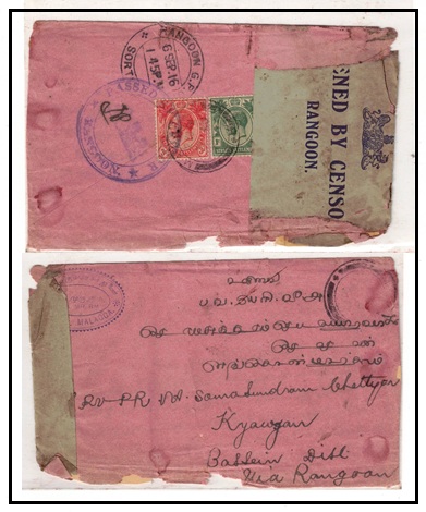 BURMA - 1916 inward cover from Malaya (distressed) with OPENED BY CENSOR/RANGOON label.