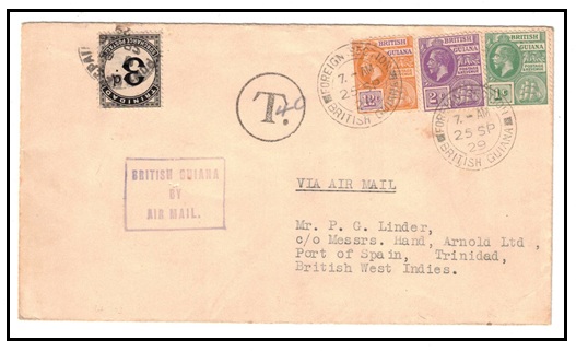 BRITISH GUIANA - 1929 first flight cover to Trinidad underpaid with 3c postage due added.
