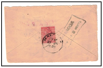 MALAYA - 1922 inward underpaid cover from India with 