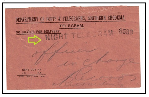 SOUTHERN RHODESIA - 1930 (circa) official TELEGRAM envelope used locally struck NIGHT TELEGRAM.
