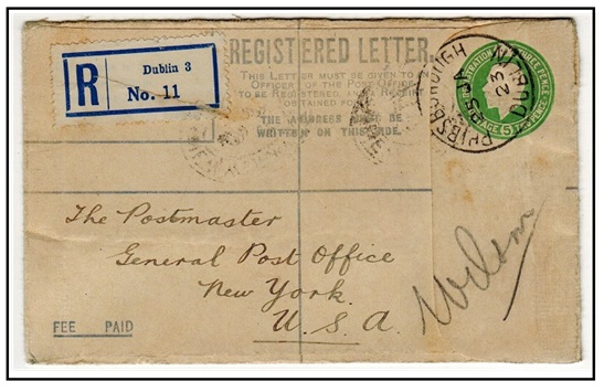 IRELAND - 1922 5d emerald green RPSE (size F) to USA used at PHIBSBUROUGH/DUBLIN.  H&G 1.