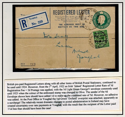 IRELAND - 1922 use of GB 4d greyish green RPSE (size F) uprated at YOUGHAL. Transitional period use.