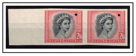 RHODESIA AND NYASALAND - 1954 2/6d IMPERFORATE PLATE PROOF (SG type 2) pair.