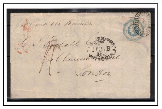 VICTORIA - 1853 1/- blue imperforate on entire to London from MELBOURNE.