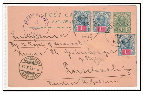 SARAWAK - 1900 1c green PSC uprated to Switzerland with KUCHING cds in 