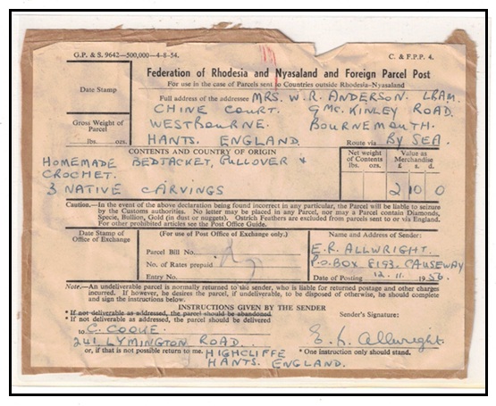 RHODESIA AND NYASALAND - 1956 use of FEDERATION OF RHODESIA & NYASALAND foreign parcel post label.