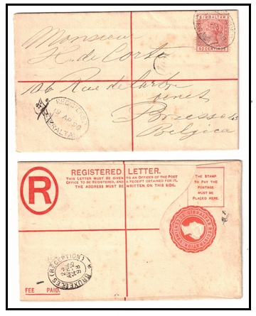 GIBRALTAR - 1896 20c orange RPSE (size F) uprated to Belgium.  H&G 9.