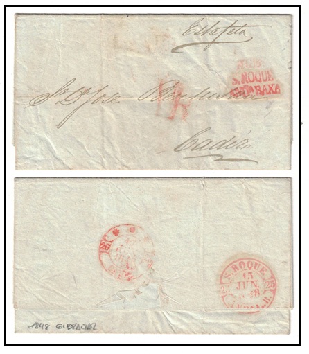 GIBRALTAR - 1848 stampless entire addressed to Cadiz struck GIBr/S.ROQUE/ANDa.BAXA. 