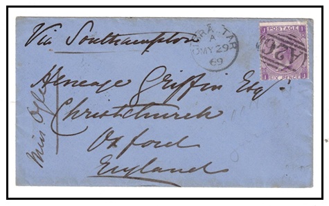 GIBRALTAR - 1869 cover to UK with GB 6d (plate 8) cancelled 