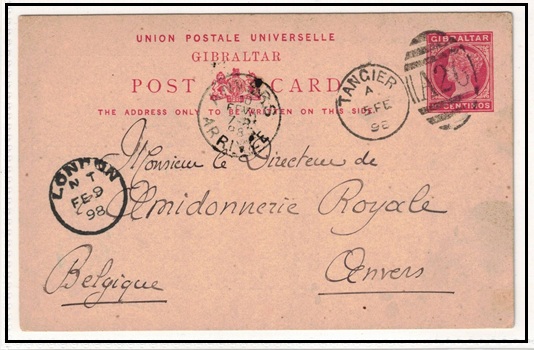 MOROCCO AGENCIES - 1889 10c rose RPSC of Gibraltar to Belgium cancelled 