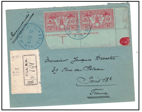 NEW HEBRIDES - 1930 registered cover to France bearing 4/- (5f) pair tied NEW HEBRIDES in blue ink.