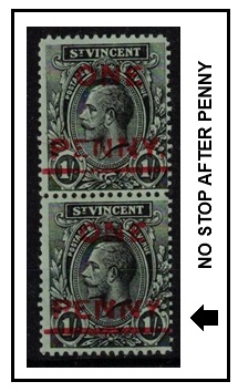 ST.VINCENT - 1915 1d on 1/- black on green fine mint pair 