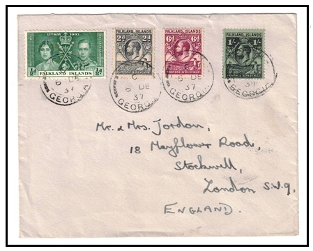 FALKLAND ISLANDS - 1937 cover to UK with 2d,6d & 1/- 