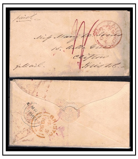 BARBADOS - 1853 stampless cover to UK struck by red 