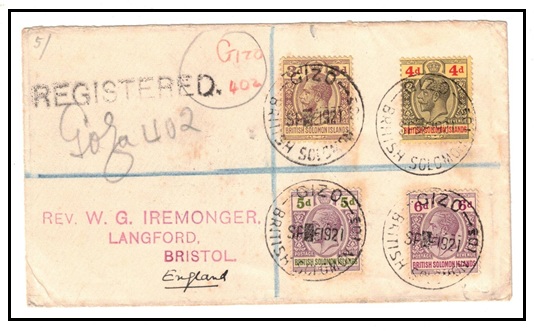 SOLOMON ISLANDS - 1921 multi franked registered cover to UK used at GIZO.