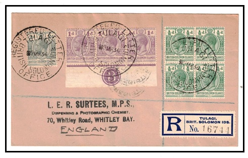 SOLOMON ISLANDS - 1936 7d rate registered cover to UK cancelled REGISTERED/TULAGI.