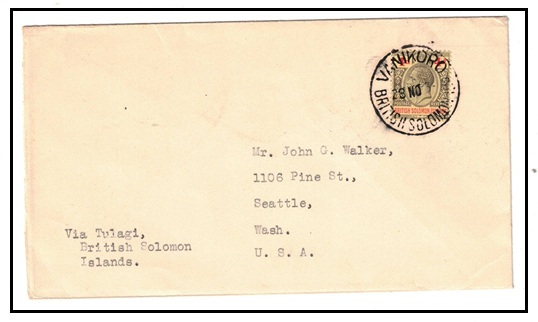 SOLOMON ISLANDS - 1930 4d rate cover to USA used at VANIKORO.