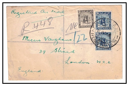 CYRENAICA EMIRATE - 1951 45m rate registered cover to UK cancelled BENGHAZI 2/REGISTRATION.