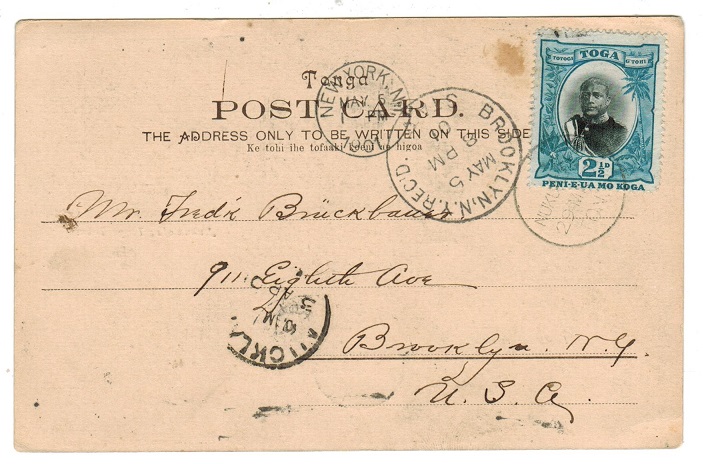 TONGA - 1901 picture postcard to USA with 2 1/2d used at NUKU ALOFA.