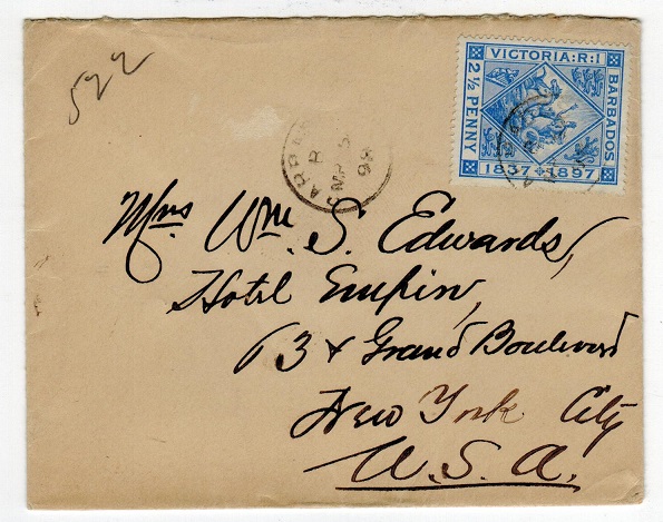 BARBADOS - 1898 2 1/2d rate cover to USA.