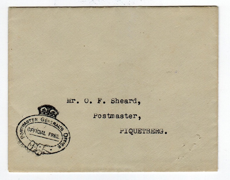 SOUTH AFRICA - 1932 stampless POSTMASTERS GENERALS OFFICE/OFFICIAL FREE cover.