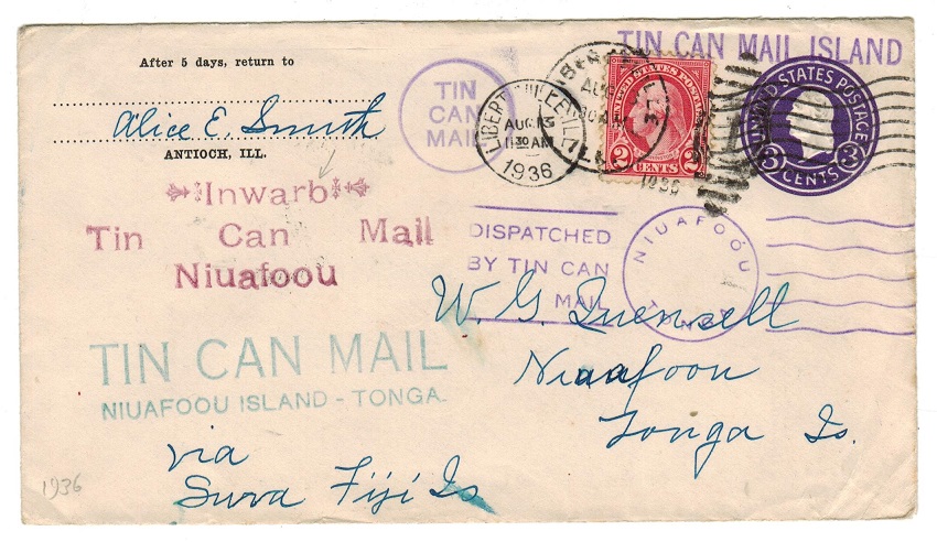 TONGA - 1936 inward TIN CAN MAIL cover from USA.
