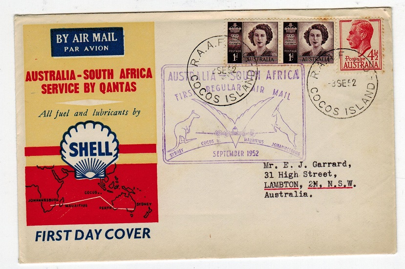 COCOS ISLANDS - 1952 QANTAS first flight cover to Australia by the R.A.A.F. - P.O.