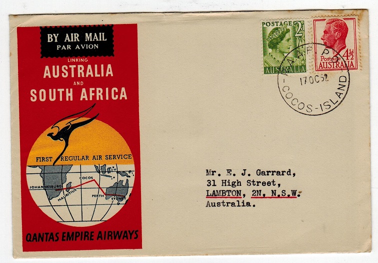 COCOS ISLANDS - 1952 Qantas flight cover by Qantas to Australia used by the R.A.A.F. - P.O.