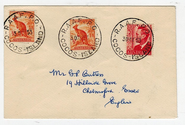 COCOS ISLANDS - 1953 cover to UK with Australian stamps used at RAAF-P.O.