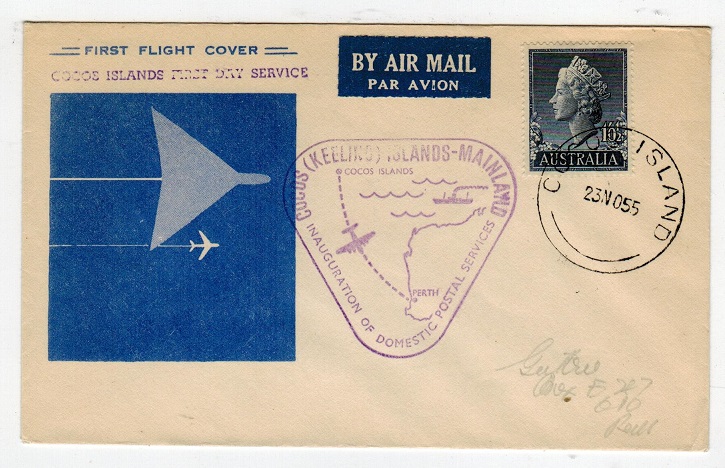 COCOS ISLANDS - 1955 illustrated first flight cover to Australia with cachet.