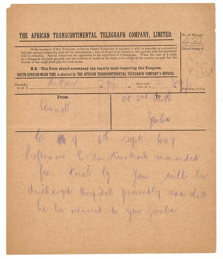 NYASALAND - 1917 TELEGRAPH form dated at ZOMBA/A.T./TEL office.